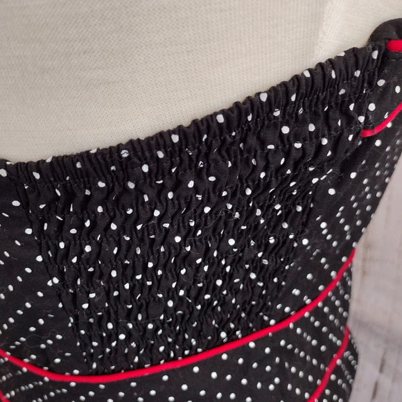 Hell Bunny | Black Polka Dot Red Trim Sweetheart Halter Fit & Flare Dress - Picture 9 of 14